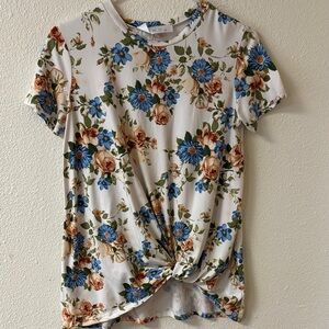 Blue and White Tie Front Short Sleeve Tee. Size S.